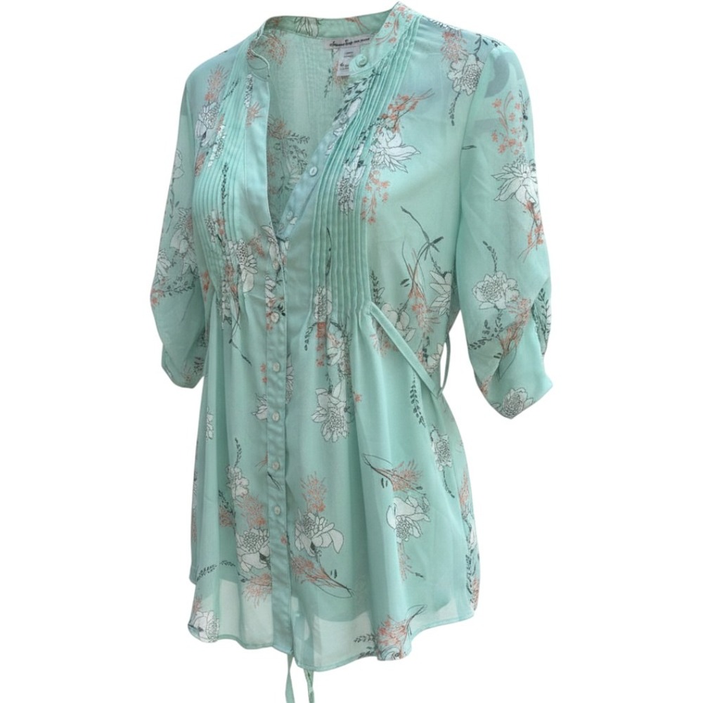 American Rag Cie Mint Green Floral Pintuck Tunic Blouse 3/4 Roll Tab Sleeve L